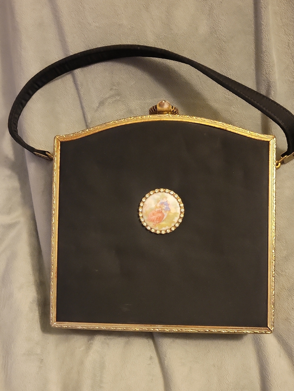 Vintage-Inspired Black Satin Handbag with Gold Trim